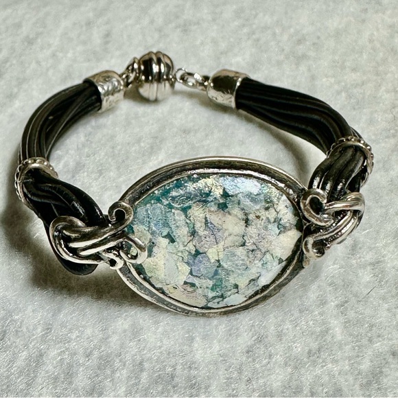 925 Silver Ancient Roman Glass Bracelet 7” Leather Cord Magnetic Clasp Lot 737 - Picture 1 of 6